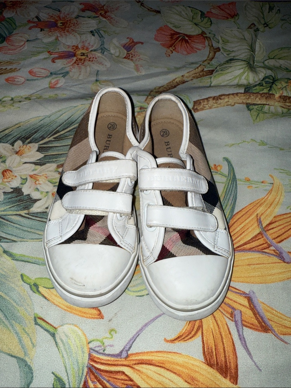 Burberry White Leather & Beige Check Kids Velcro Sneakers